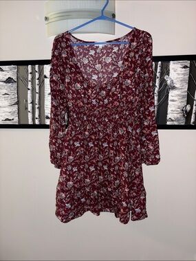 Floral Long Sleeve Mini Dress - Burgundy